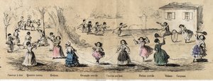 Beschreibung der Hobbys und Spiele von Kindern: Mädchenspiele, Vier-Ecken-Spiel, Seilspringen, Zielrennen, Reifen und Steuer. Tafel „Die Kinderspiele“ in „Les Recreations instructives“. Synoptisches Gemälde von Jules Delbruck, Gravur von 1860.