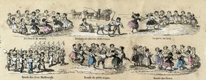 Beschreibung der Freizeitaktivitäten und Spiele von Kindern: Die Runden. Tafel „Die Spiele der Kindheit“ in „Les Recreations instructives“, Synoptisches Gemälde von Jules Delbruck, Gravur von 1860. Private Sammlung von French School