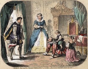 Beschreibung der Freizeit und Spiele von Kindern: König von Frankreich Heinrich IV. (1553-1610) spielt mit seinen Kindern (wahrscheinlich Ludwig XIII. und Elisabeth von Frankreich) vor dem spanischen Botschafter. Königin Maria von Medici ist anwesend. (les