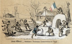 Beschreibung der Freizeit und Spiele von Kindern: Winterspiele, Schlittschuhlaufen, Rodeln und Schneebau. Tafel „Die Spiele der Kindheit“ in „les Recreations instructives“ Synoptisches Gemälde von Jules Delbruck, Gravur von 1860. Private Sammlung