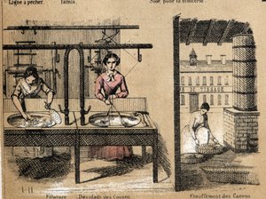 Beschreibung der Kultur und Seidenprodukte: Arbeiter spinnen Seide, entfernen oder ersticken Kokons. (la soie) von French School