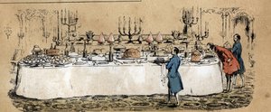 Beschreibung der verschiedenen Produkte und Verwendungen der Kuh: Produkte der Kuh (Käse, Rindfleisch) auf dem Tisch eines mondänen Buffets während eines Balls. Tafel „La coache et ses produits“ in „les Recreations instructives“ Synoptisches Gemälde von Ju von French School