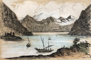 Beschreibung der verschiedenen Landschafts- und Reliefarten nach Geographie: Detail des Genfersees. Tafel „Physische Geographie“ in „Les Recreations instructives“. Synoptisches Gemälde von Jules Delbruck, Gravur von 1860. von French School