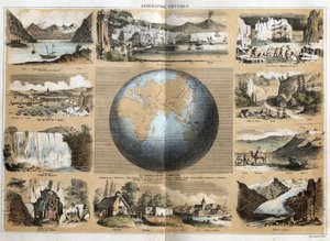Beschreibung der verschiedenen Landschafts- und Reliefarten je nach Geographie: in der Mitte die Erde oder der Globus mit Angaben zu Meeren und Ozeanen, Kontinenten, Inseln, Gebirgsketten, Golfen, Kaps, Meerenge und Landengen. Blick auf den Genfersee von French School