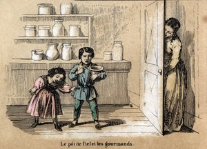 Beschreibung der fünf Sinne: Detail des Geschmacks, zwei gierige Kinder werden von ihrer Mutter erwischt, die einen Topf mit bitterem Geschmack unter den anderen Zuckergläsern versteckt. Tafel „Die fünf Sinne“ in „Les Recreations instructives“. Synoptische