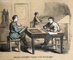 Beschreibung der fünf Sinne: Detail des Tastsinns, junge blinde Jungen ertasten Texte durch das Braille-Alphabet. (Les cinq sens) von French School