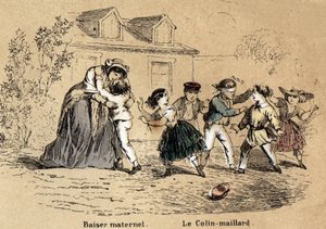 Beschreibung der fünf Sinne: Der Tastsinn, eine Mutter, die ihr Kind für mütterlichen Kontakt umarmt, und das Spiel des Blindekuh. Tafel „Die fünf Sinne“ in „Les Recreations instructives“, Synoptisches Gemälde von Jules Delbruck, Gravur von 1860. Private S von French School