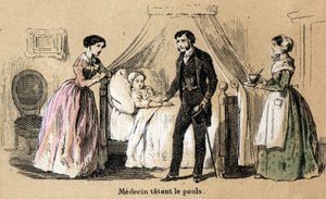 Beschreibung der fünf Sinne: Tastsinn, ein Arzt tastet den Puls eines kranken Mädchens. Tafel „Die fünf Sinne“ in „les Recreations instructives“ Synoptisches Gemälde von Jules Delbruck, Gravur von 1860. Private Sammlung