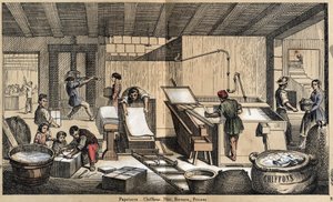 Beschreibung der verschiedenen Produkte und Verwendungen von Papier: Aktivitäten in einer Papierwarenhandlung, Herstellung von Papier aus Lumpen, Zellstoff, Formen und Presse. Tafel „Das Papier und seine Produkte“ in „les Recreations instructives“ Synoptis