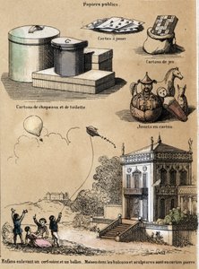 Beschreibung der verschiedenen Produkte und Verwendungen von Papier: Karton- und Hutschachteln, Spielkarten, Spiele wie Drachen oder Ballons. Tafel „Das Papier und seine Produkte“ in „les Recreations instructives“ Synoptisches Gemälde von Jules Delbruck, G