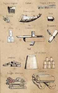 Beschreibung der verschiedenen Produkte und Verwendungen der Kuh: alle Arten von Gegenständen aus der Kuh, Kämme, Spiele und Schachteln aus Horn und Knochen, Kerzen und Nachfolgen. Tafel „La coache et ses produits“ in „les Recreations instructives“ Synopti von French School