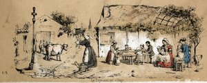 Beschreibung der verschiedenen Produkte und Verwendungen der Kuh: Szene aus dem Dorfleben. (La coache et ses produits) von French School