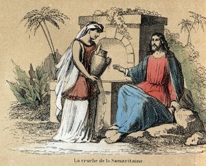Beschreibung der verschiedenen Herstellungsschritte und Verwendungen von Ton: Jesus und die Samariterin tragen einen Tonkrug in der Bibel. Tafel „Der Ton und seine Produkte“ in „Les Recreations instructives“. Synoptisches Gemälde von Jules Delbruck, Gravur