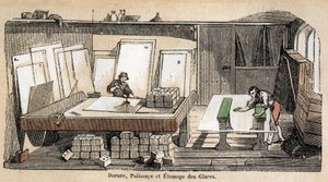 Beschreibung der verschiedenen Herstellungsstufen und Verwendungen von Glas: Eine Werkstatt für Vergoldung, Polieren und Prägen von Glas. (Glass and its products) von French School