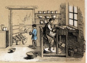Beschreibung der verschiedenen Herstellungsstufen und Verwendungen von Ton: ein Töpfer bei der Arbeit. Tafel „Der Ton und seine Produkte“ in „les Recreations instructives“ Synoptisches Gemälde von Jules Delbruck, Gravur von 1860. Private Sammlung