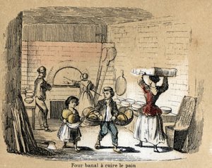 Beschreibung der verschiedenen Herstellungsstufen und Verwendungen von Ton: Backen von Ton in einem Brotbackofen. Tafel „Der Ton und seine Produkte“ in „Les Recreations instructives“, Synoptisches Gemälde von Jules Delbruck, Gravur von 1860. Private Sammlu