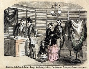 Beschreibung der verschiedenen Verwendungen und Produkte aus Schaf: Ansicht eines Ladens mit Wollstoffen und Stoffen, Laken, Kaschmir. Tafel „Die Schafe“ in „Les Recreations instructives“, Synoptisches Gemälde von Jules Delbruck, Gravur von 1860. Private S