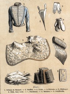 Beschreibung der verschiedenen Verwendungen und Produkte von Schafen: Lederverarbeitung und Darstellung von Produkten aus Schafsleder, Husarenjacke, Blasebalg, Handschuhe, Einbände und Pergament, Brieftasche und Zubehör. Tafel „Die Schafe“ in „Les Recreati von French School