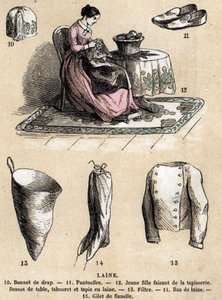 Beschreibung der verschiedenen Verwendungen und Produkte aus Schaf: Wandteppiche und Wollprodukte, Hut, Hausschuhe, Wollstrümpfe, Flanellweste. Tafel „Die Schafe“ in „Les Recreations instructives“, Synoptisches Gemälde von Jules Delbruck, Gravur von 1860. 
