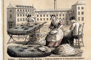 Beschreibung der verschiedenen Verwendungen und Produkte von Schafen: Arbeiter, die Wolle für Matratzen im Hof einer Fabrik kämmen. Tafel „Les moutons“ in „les Recreations instructives“ Synoptische Malerei von Jules DELBRUCK, Gravur von 1860. Private Samml von French School