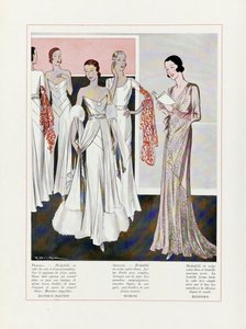 Entwurf für Abendkleider von Depouy-Magnin, Worth und Redfern, veröffentlicht 1931 von French School