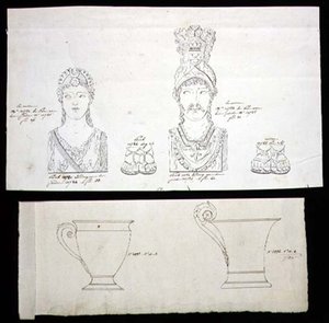 Entwürfe für vergoldete Bronze-Ormolu-Möbelbeschläge und französische Empire-Porzellantassen, ca. 1820