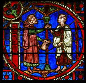 Detail eines Fensters mit Szenen aus dem Wunder des Theophilus