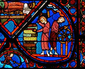Detail aus einem Fenster mit Szenen aus der Geschichte von Joseph