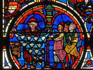 Detail eines Fensters, das die Passion darstellt: Stifter und die Kürschner von French School