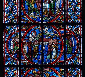 Detail aus einem Fenster, das die Beerdigung darstellt, aus dem Tod und der Himmelfahrt der Jungfrau Maria von French School