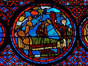 Detail eines Fensters, das das Gleichnis von Lazarus und Dives darstellt (Detail) von French School