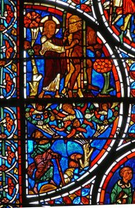 Detail eines Fensters, das das Gleichnis vom barmherzigen Samariter darstellt: Gott vertreibt Adam und Eva aus dem Garten Eden (Detail) von French School
