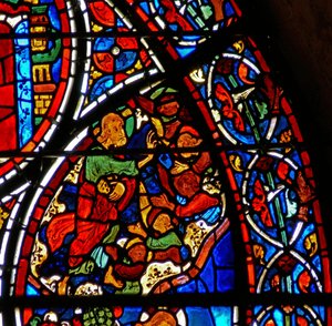 Detail eines Fensters, das das Gleichnis vom barmherzigen Samariter darstellt: Gott erschafft die Engel (Detail)