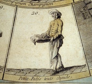 Detail des Gänsespiels der Schreie von Paris: Händler von heißen kleinen Nudeln. Gravur des 18. Jahrhunderts. Sammlung Depart.