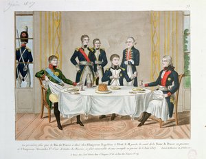 Abendessen in Tilsit zwischen Friedrich Wilhelm III. von Preußen, Zar Alexander I. von Russland und Napoleon, der einen Toast auf die Königin von Preußen ausbringt, 3. Juni 1807 von French School