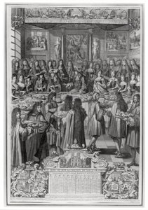 Abendessen von Ludwig XIV. (1638-1715) im Hotel de Ville, 30. Januar 1687, aus dem Kalender des Jahres 1688 von French School