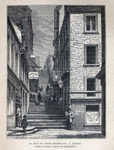 Entdecke Kanada: Rue du Peute Champlain in Quebec. Zeichnung von Taylor nach einem Foto. Gravur aus dem Ende des 19. Jahrhunderts in 