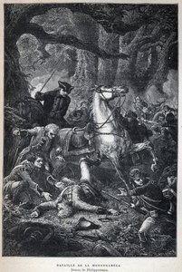 Entdeckung Kanadas: Schlacht von Monongahela im Jahr 1755 während des Siebenjährigen Krieges. Zeichnung von Philippoteaux. Gravur aus dem späten 19. Jahrhundert in „La nouvelle France“ von Eugene Guenin. von French School