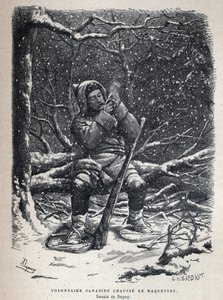 Entdeckung Kanadas: Freiwilliger der kanadischen Armee mit Schneeschuhen. Zeichnung von Dupuy. Gravur aus dem späten 19. Jahrhundert in La Nouvelle France von Eugene Guenin von French School
