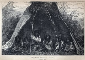Entdeckung Kanadas: Amerikanische Ureinwohner, die in den Rocky Mountains leben. Gravur aus dem späten 19. Jahrhundert in La Nouvelle France von Eugene Guenin von French School