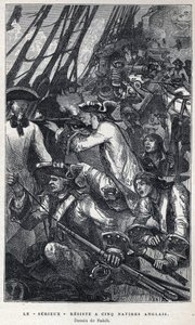 Entdeckung Kanadas: Jacques Pierre de Taffanel de la Jonquiere (1685-1752), französischer Marineoffizier an der Spitze des französischen Schiffes „Le serieux“ widerstand fünf englischen Schiffen. Zeichnung von Sahib. Gravur aus dem späten 19. Jahrhundert i von French School