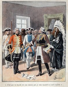 Entdeckung Kanadas: Louis de Buade, Graf von Frontenac (1622-1698), empfängt den Gesandten des englischen Gouverneurs der Kolonie Massachusetts (1651-1695) William Phips und antwortet ihm: „Es ist durch das Mündungsfeuer meiner Kanonen, dass ich Ihrem Herr