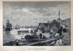 Entdeckung Kanadas: Hafen von Saint-Pierre in Neufundland. Zeichnung von Weber nach einem Foto. Gravur aus dem späten 19. Jahrhundert in „La nouvelle France“ von Eugène Guénin von French School
