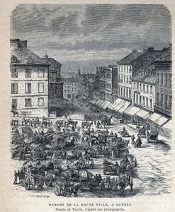 Entdeckung Kanadas: Marsch von der Oberstadt nach Quebec. Zeichnung von Taylor nach einer Fotografie. Gravur aus dem späten 19. Jahrhundert in „La nouvelle France“ von Eugene Guenin. von French School