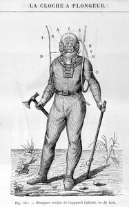 Taucherklingel: Taucher mit Cabirol-Gerät. In „Die Wunder der Wissenschaft“ von Louis Figuier von French School