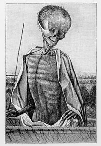 Doktor Tod, aus einem Stundenbuch, Illustration aus Wissenschaft und Literatur im Mittelalter und in der Renaissance, geschrieben und graviert von Paul Lacroix, 1878