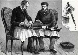 Ärzte untersuchen die Augen eines Kindes und verabreichen Augentropfen (Gravur) 1888 von French School