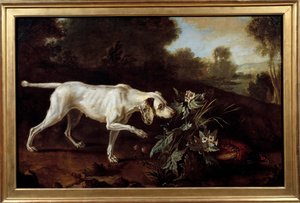 Hund wird vor dem Spiel anhalten. Anonymes Gemälde der französischen Schule von French School