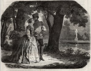 Don Juan diskutierte mit Anna von Österreich (1549-1580) über seine mögliche Verbindung mit Prinz Don Carlos (1545-1568), Sohn von König Philipp II. von Spanien (1527-1598). Gravur von 1871 in „Histoire Des Cocus Celebres“ von Henry de Kock (1819-1892)