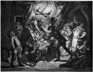 Don Quijote kämpft gegen die Puppen, die er für Mauren hält. Gravur von V. Beauce nach dem Gemälde von Charles Antoine Coypel (1694 - 1752), das den Roman von Cervantes (1547-1616) illustriert. In „Le Magasin picturesque“